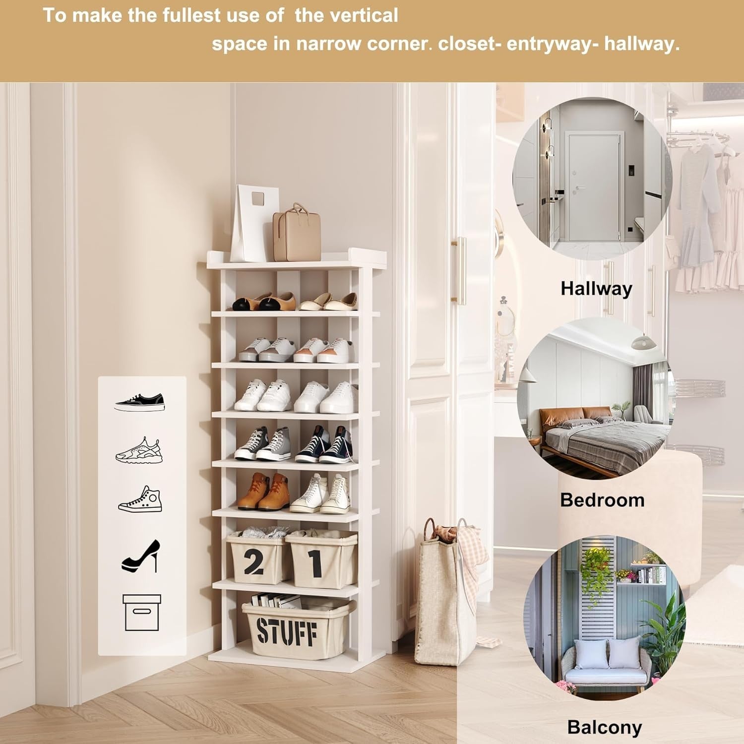 Slim 7-Tier Wooden Shoe Rack with Double Rows – Space-Saving Vertical Storage
