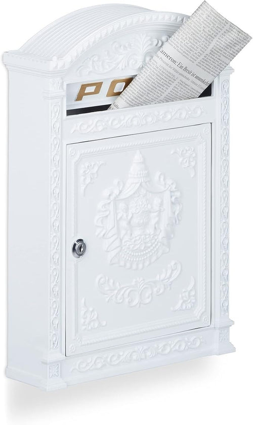 Wall Mounted Antique Letterbox Cast Aluminium Lockable A4 Mailbox White