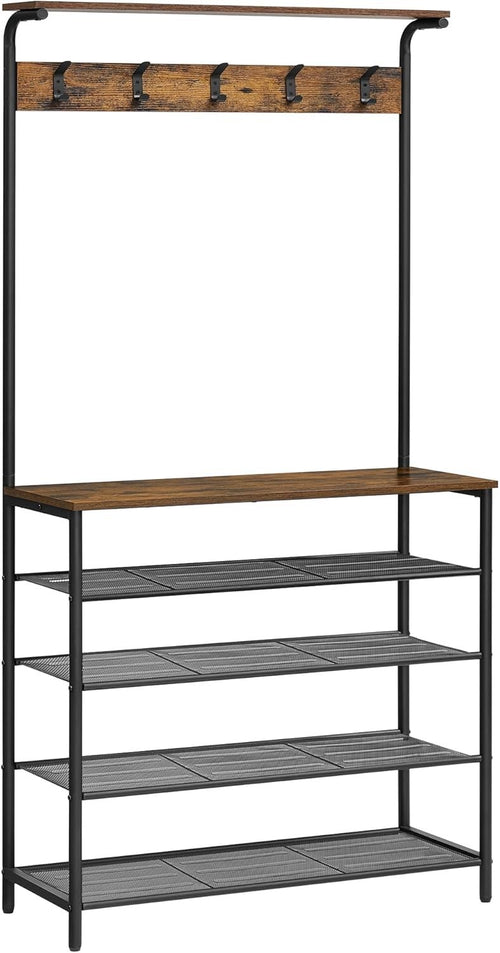 5 Tier Industrial Coat & Shoe Rack with Hooks & Top Shelf – Durable Storage