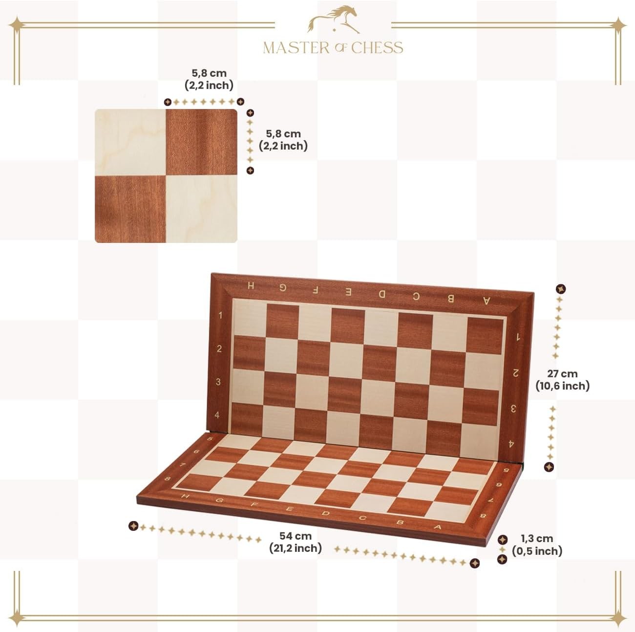 54cm Luxury Folding Wooden Chess Board – Handmade Mahogany Inlaid Board