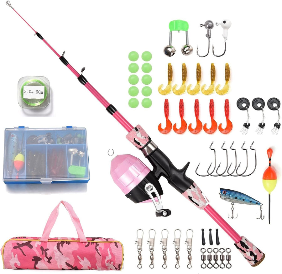 Kids Fishing Rod Reel Combo 1.5m Telescopic Starter Kit Pink