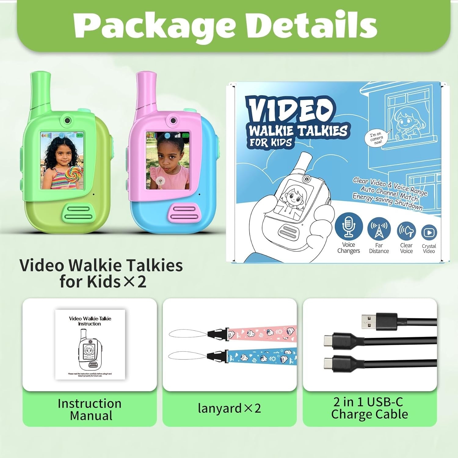 Kids Video Walkie Talkies 2 Pack Rechargeable 300M Range Voice Changer