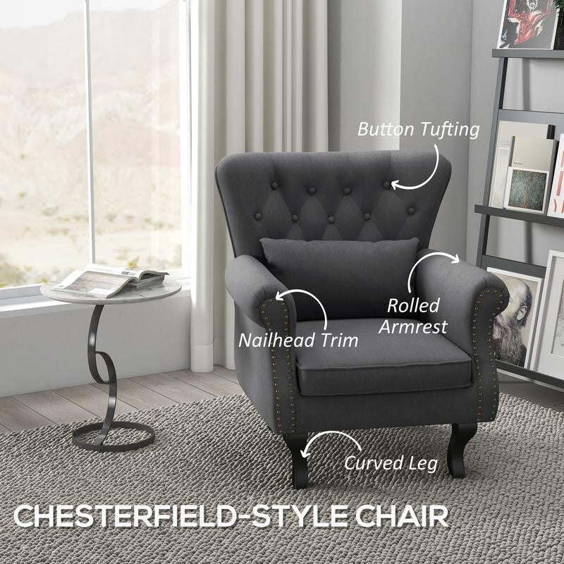 Chesterfield Wingback Armchair Tufted Accent Fireside Chair Pillow Grey