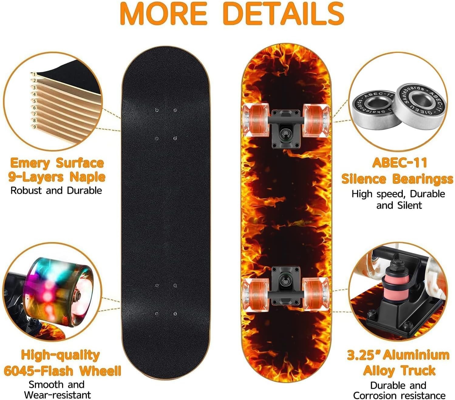 31" Complete Skateboard LED Wheels Maple Double Kick Youth Adult Board