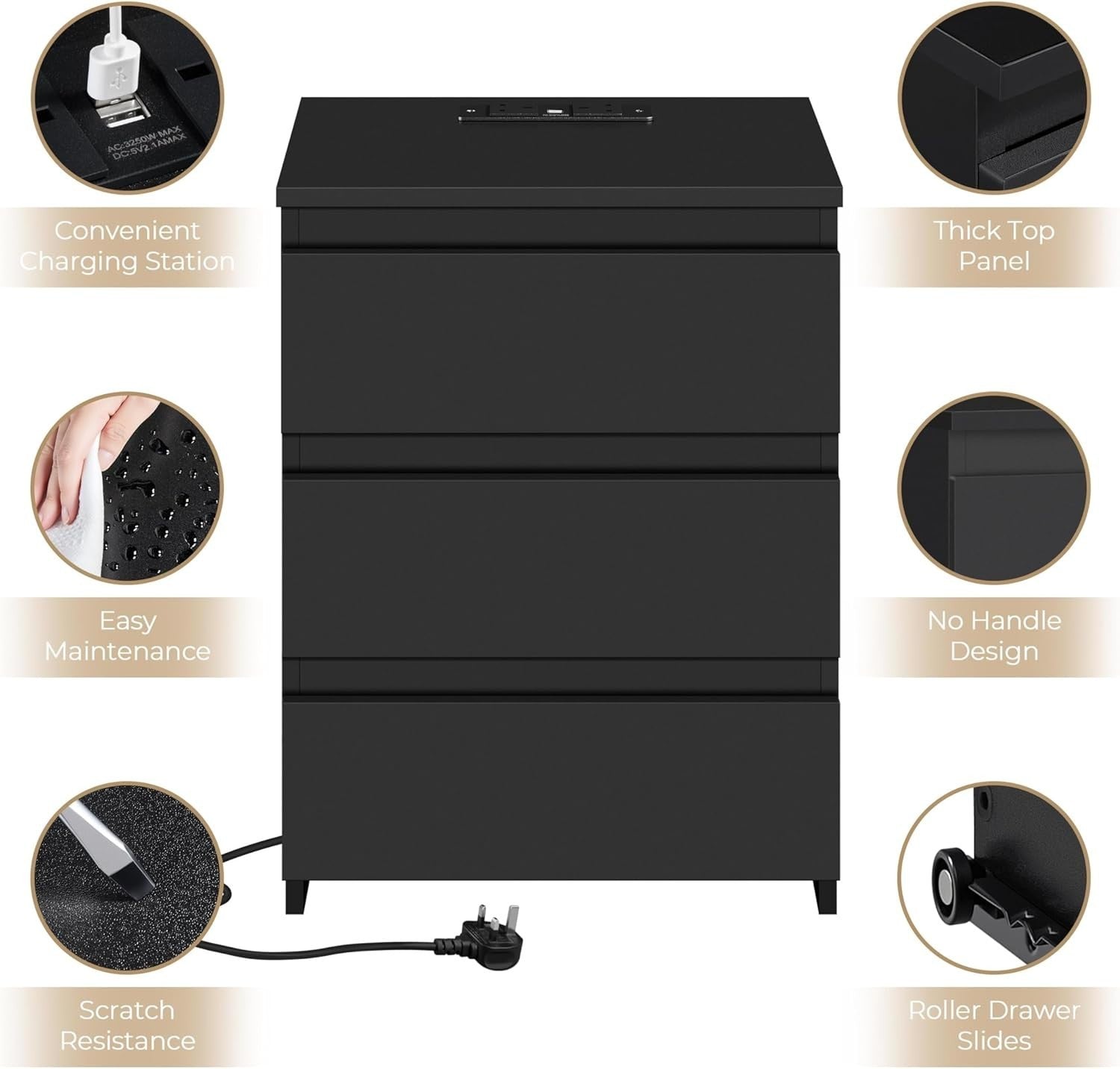 Set of 2 Black Bedside Tables with USB Charging Ports | Modern 3 Drawer