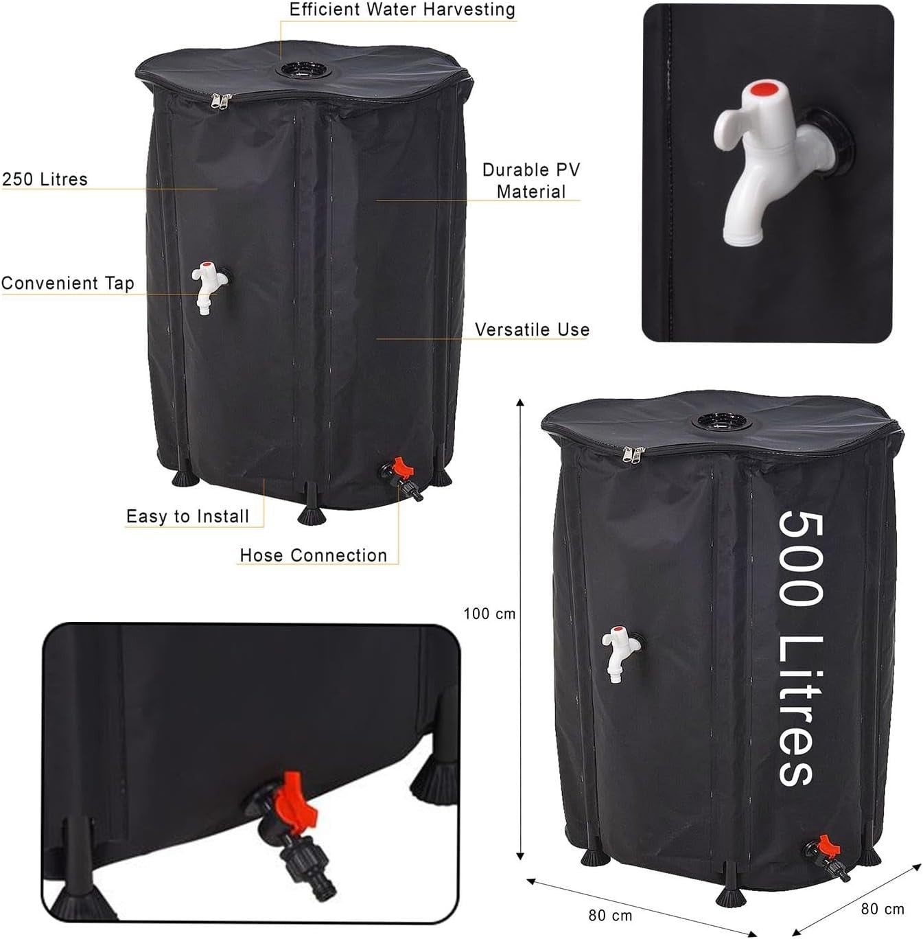 500L Collapsible Water Butt Kit with Tap, Hose Connector & Lid for Garden