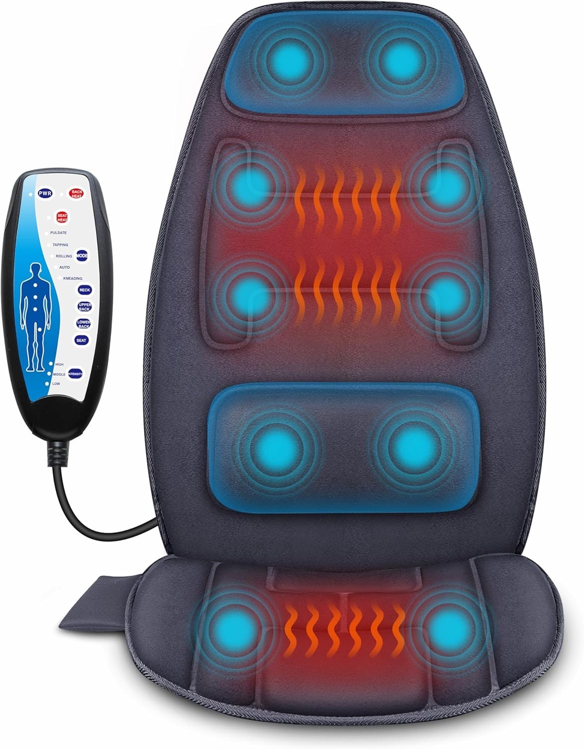 Heated Vibration Back Massager Chair Pad 10 Motors Seat & Lumbar Pain Relief