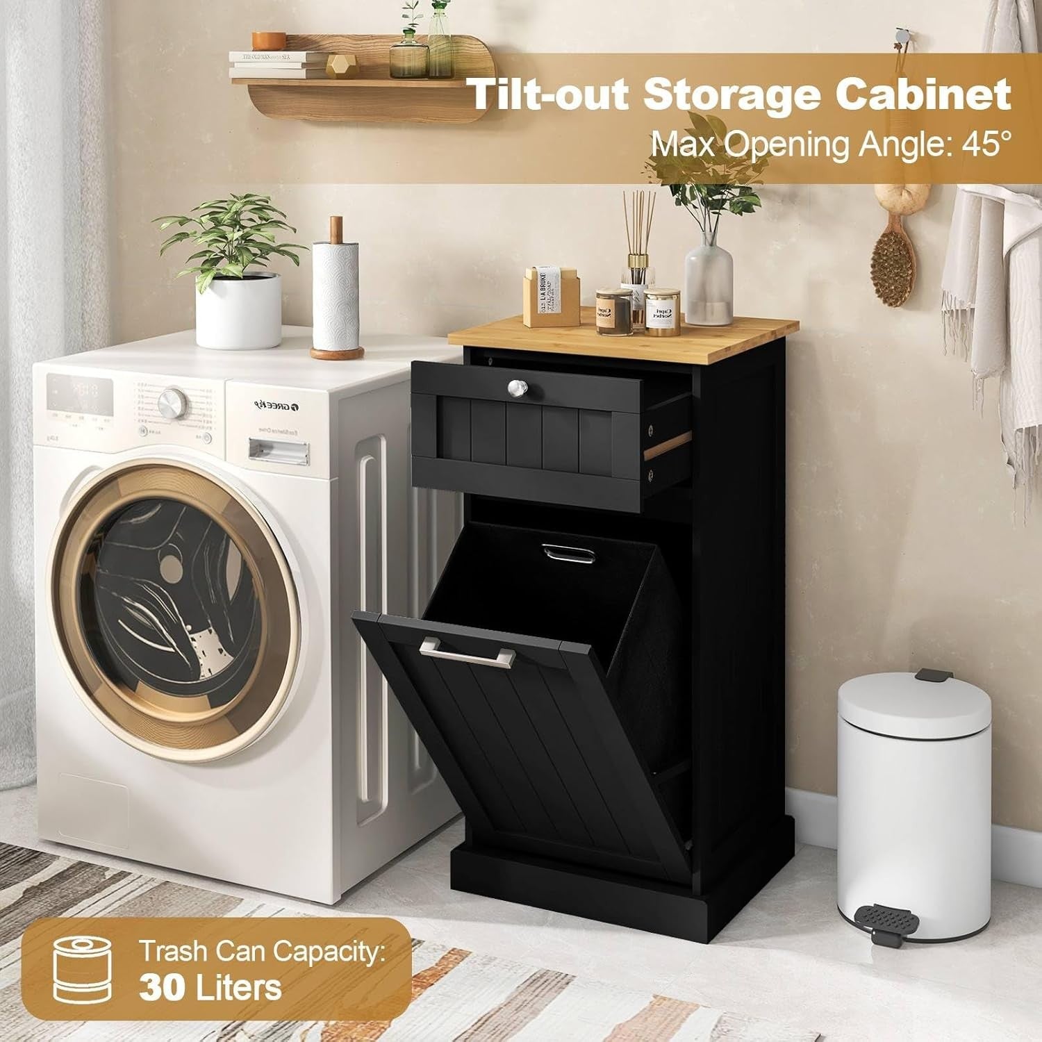 30L Black Tilt-Out Laundry Cabinet With Drawer Bamboo Top Modern Storage