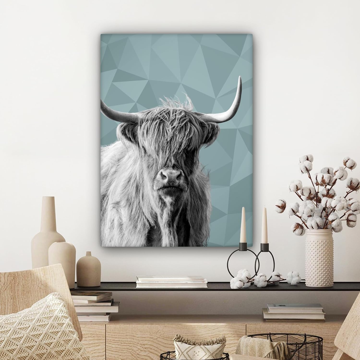 Highland Cow Canvas Wall Art 60x80cm Framed Modern Black White