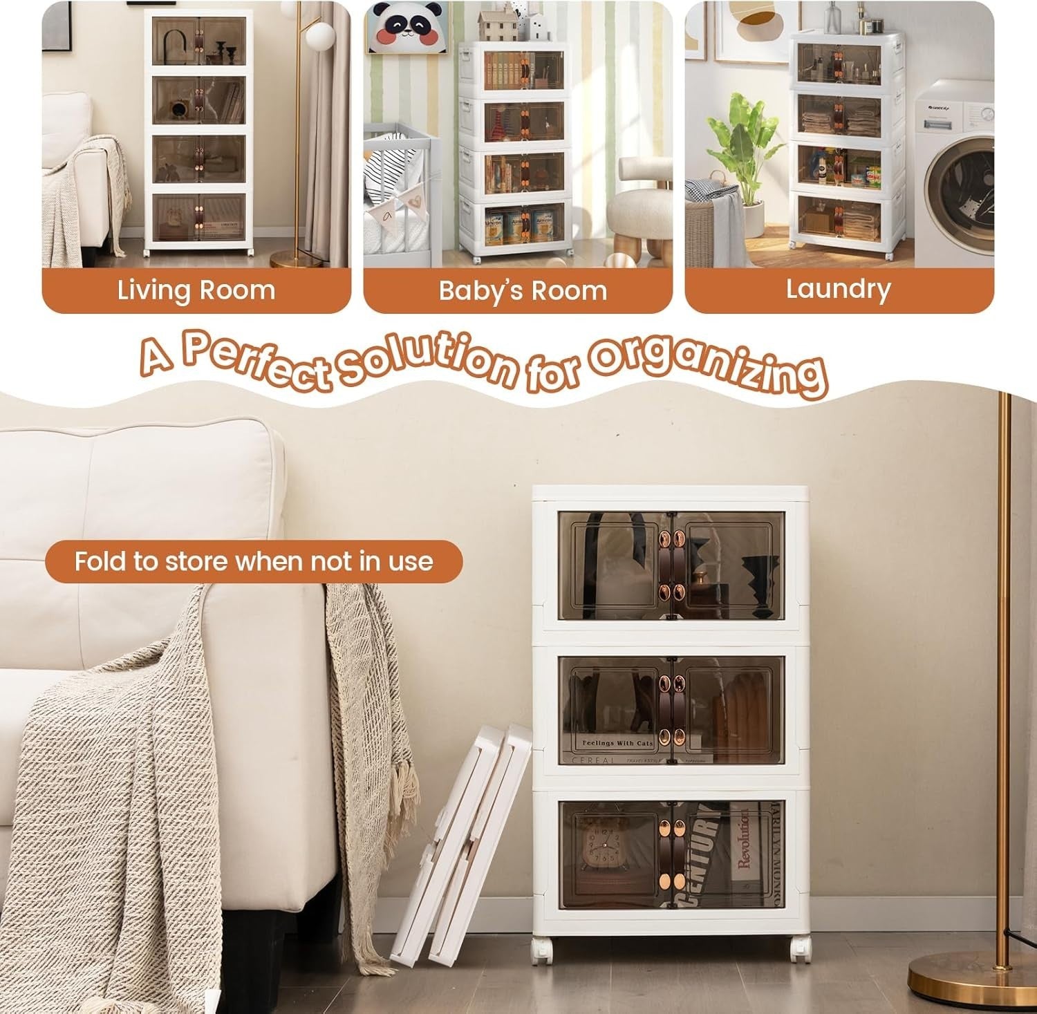 4-Tier Folding Shoe Storage Cabinet with Lockable Wheels & Stackable Bins