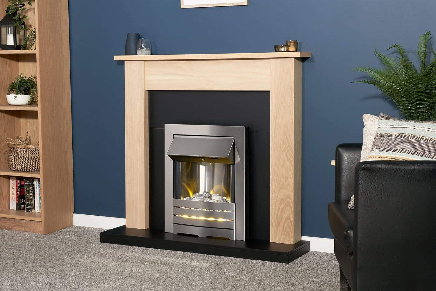 Electric Fireplace Suite Oak & Black 43" Brushed Steel 2kW Wall Fire