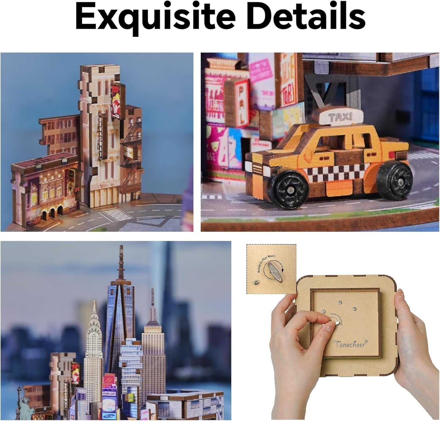 3D Wooden Puzzle Music Box Kit New York | DIY Gift, Rotates, 111 Pcs