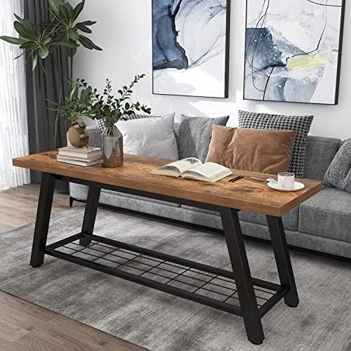 Rustic Wood & Metal Shoe Storage Bench – Industrial Entryway Hallway Seat