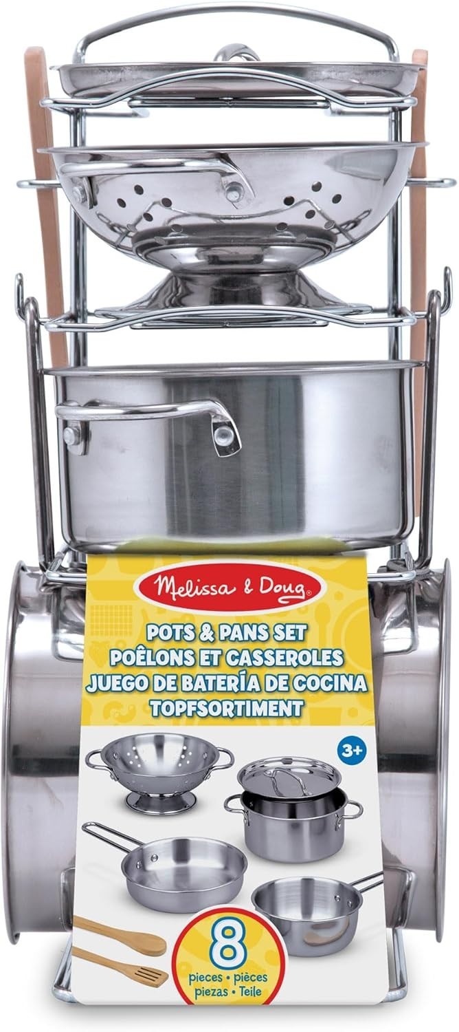 Kids Stainless Steel Pots Pans Play Kitchen Accessories Cooking Set