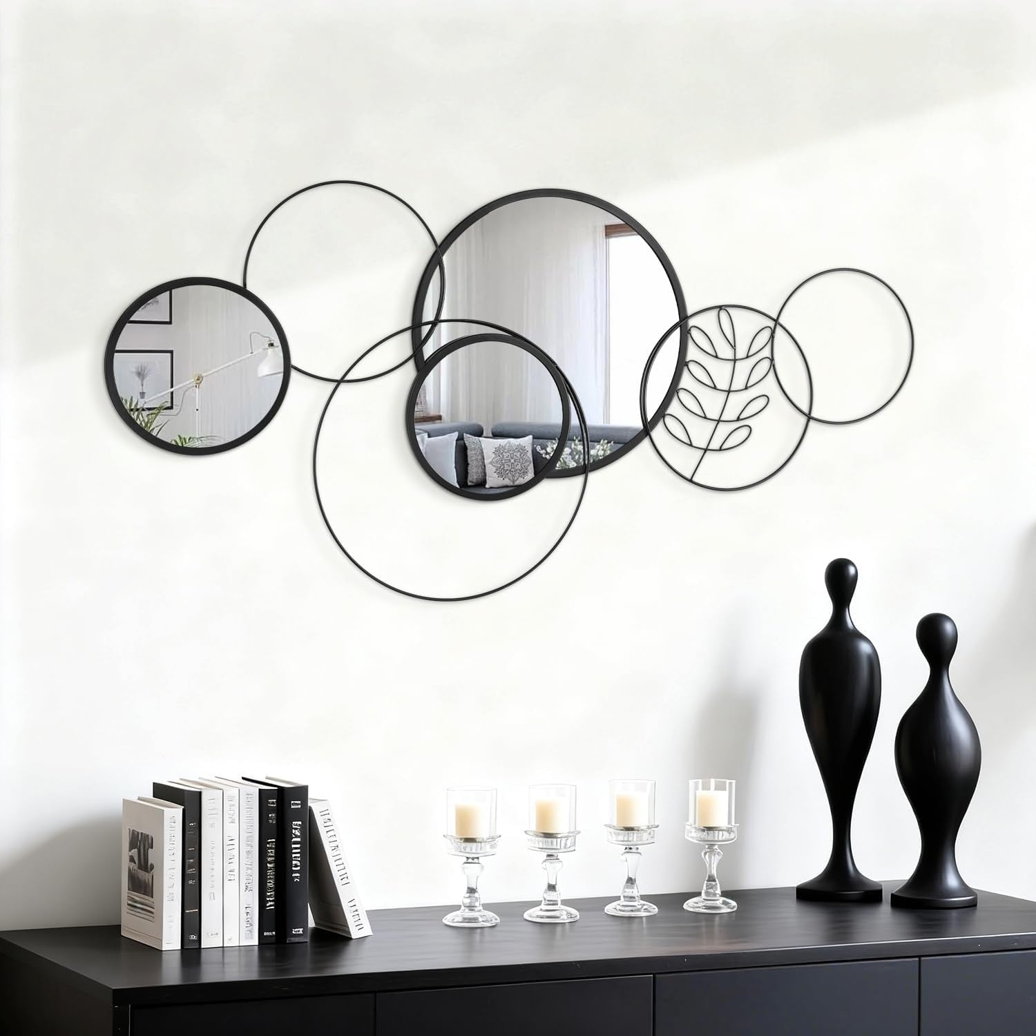 4Pcs Round Wall Mirror Set Black Metal Frame 40x80CM