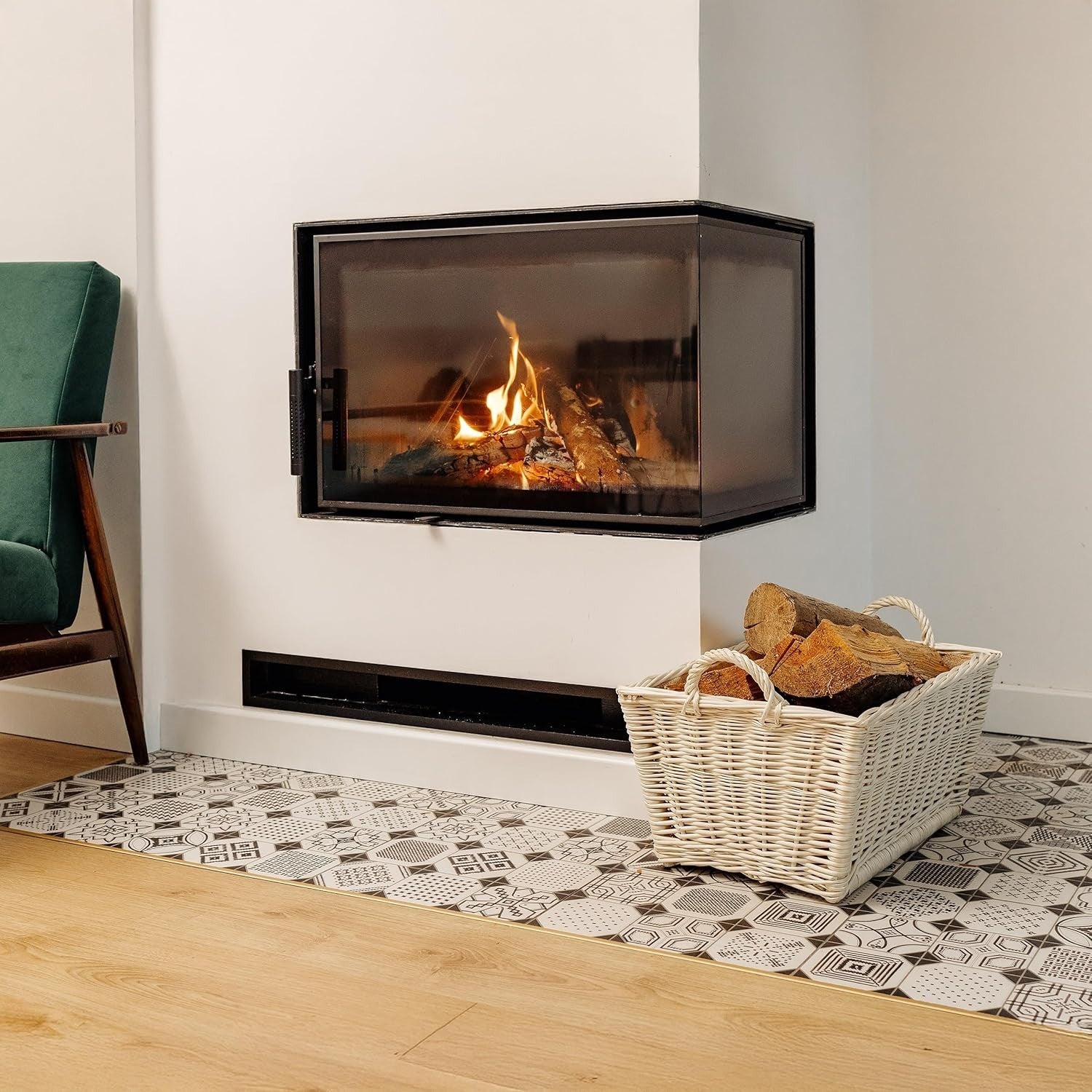 White Wicker Log Basket with Liner | Firewood Storage 47x33x30cm