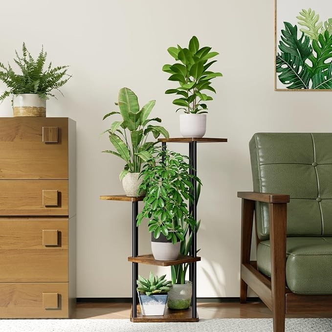 4 Tier Metal Wood Plant Stand Indoor Outdoor Corner Flower Rack 30x80x43cm
