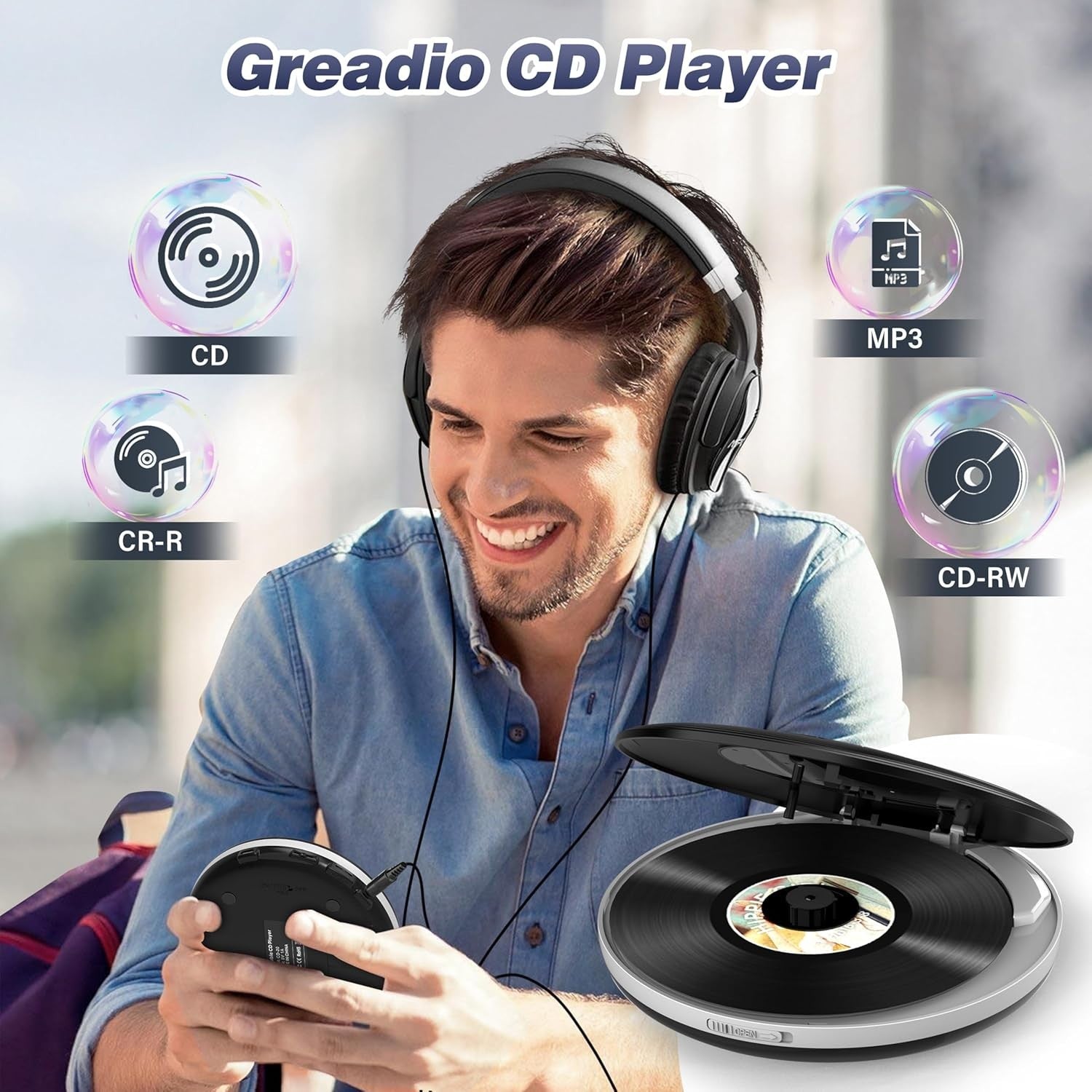 Portable Discman CD Player Anti Skip TF Card AUX Output EQ Black