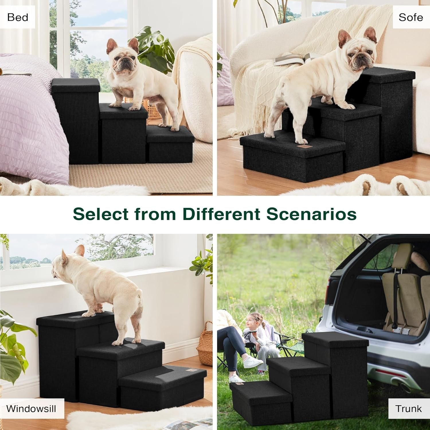 Dog Stairs 3 Step with Storage 18" High Foldable Pet Steps Black