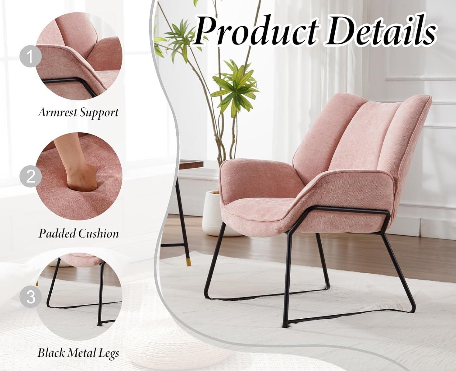 Pink Chenille Tub Chair Accent Armchair Living Room Bedroom Lounge Seat