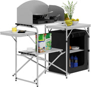 Folding Camping Kitchen Table | BBQ Cooking Unit with Cupboards & Bag