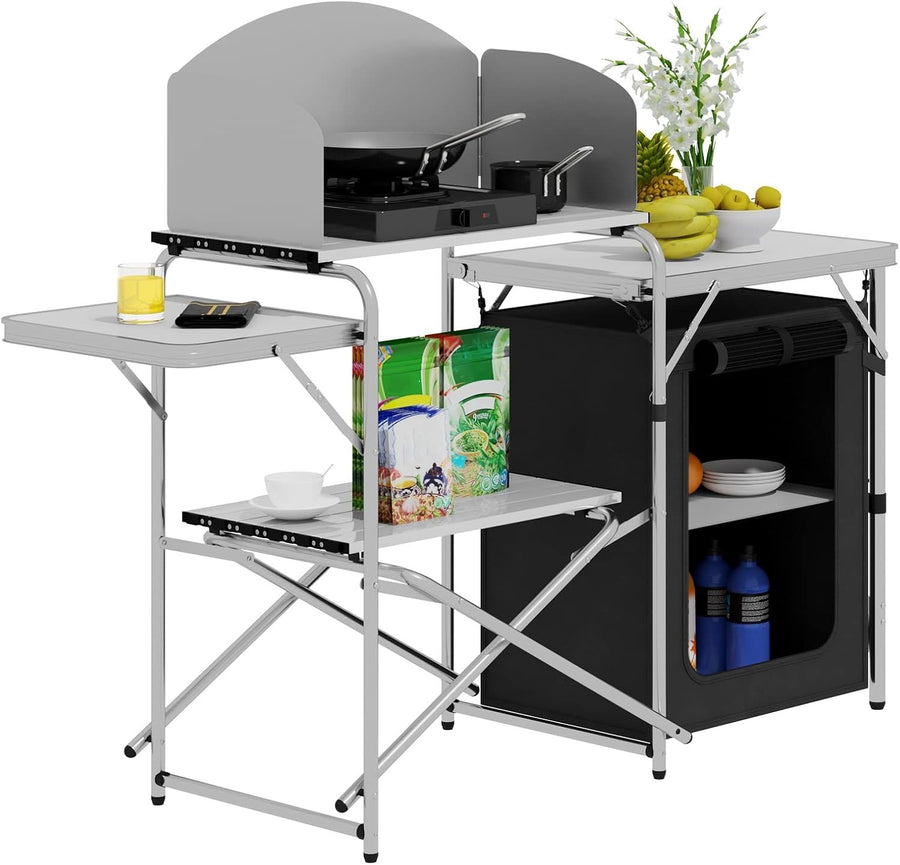 Folding Camping Kitchen Table | BBQ Cooking Unit with Cupboards & Bag