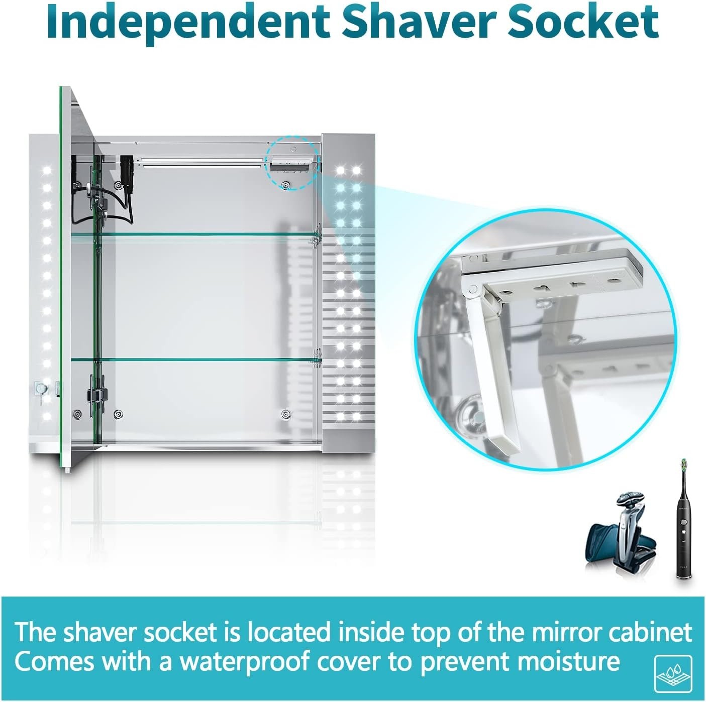 LED Bathroom Mirror Cabinet 650x600mm Anti-Fog with Shaver Socket & Clock