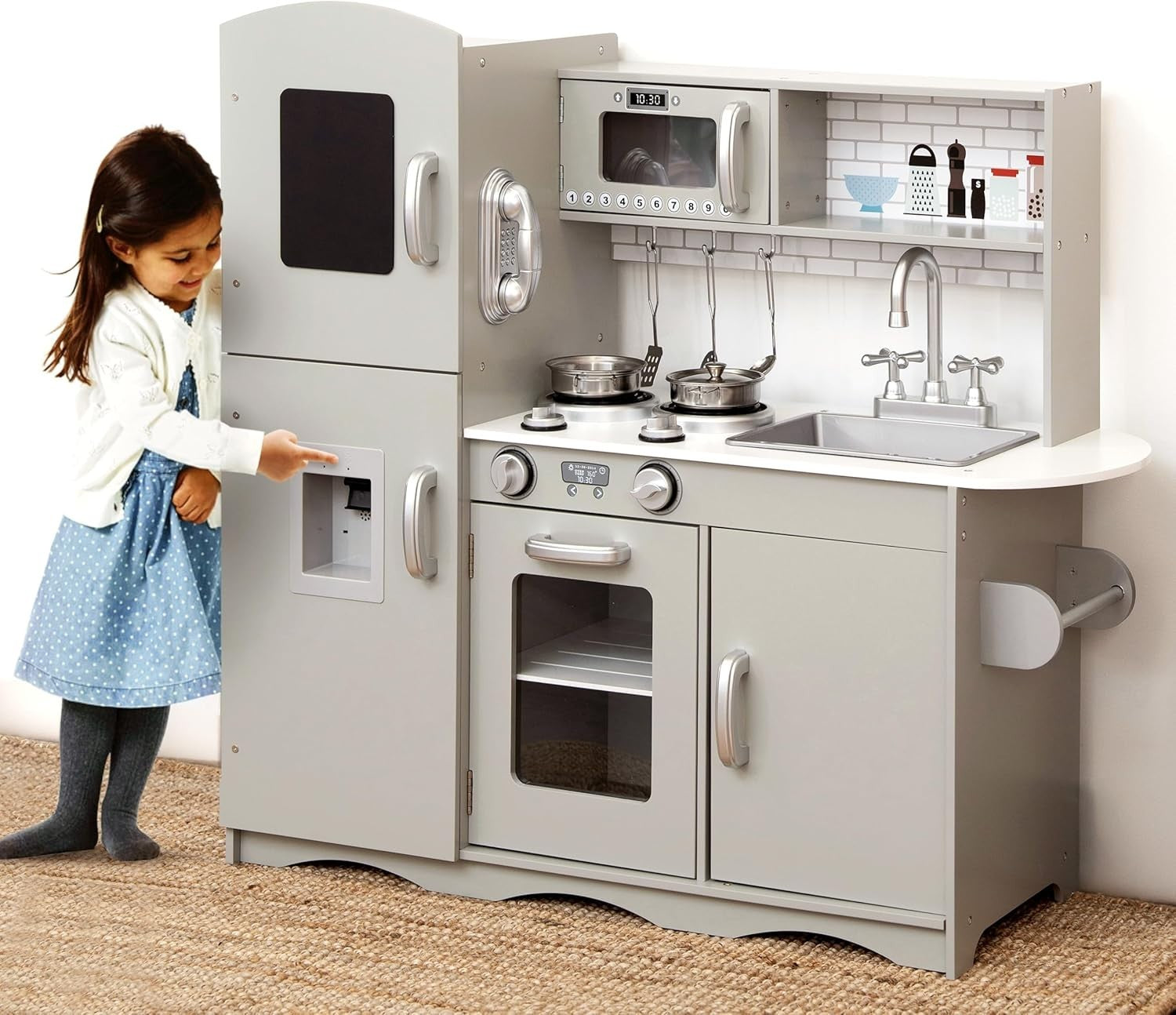 Large Wooden Kids Play Kitchen Lights Sounds Utensils Grey White