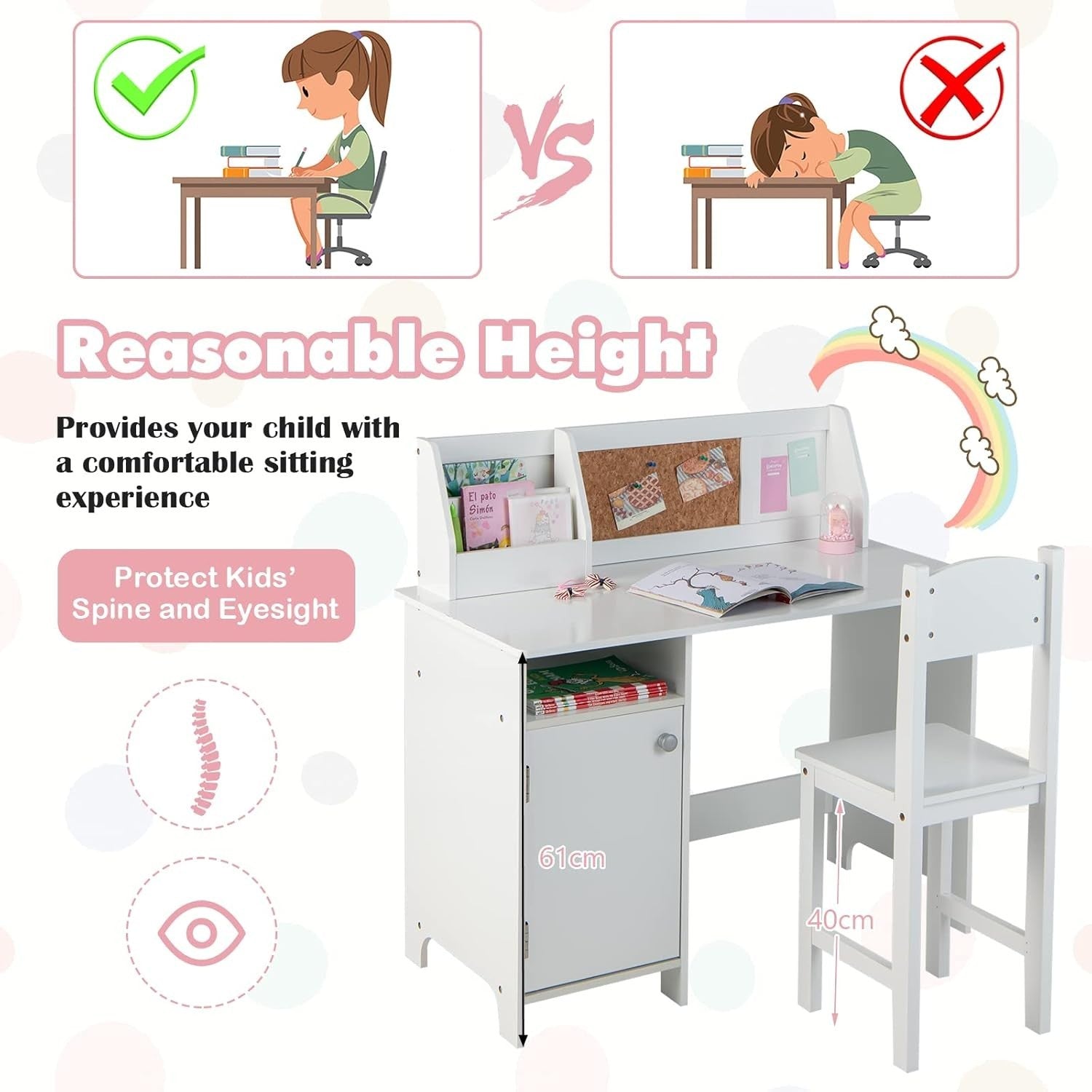 Kids Study Desk & Chair Set with Storage Cabinet, Cork Board, Ergonomic Design