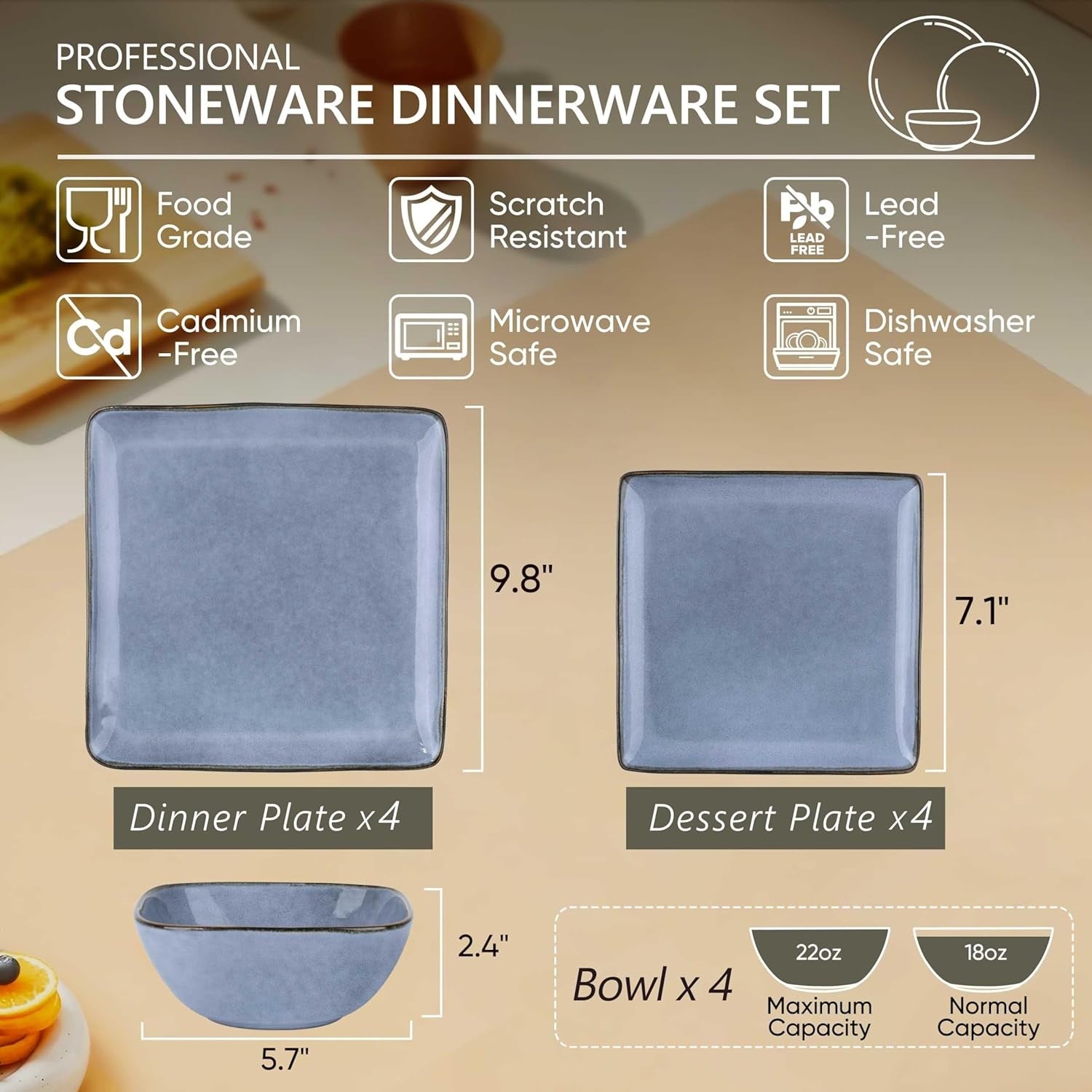 12pc Square Stoneware Dinner Set Plates Bowls Microwave Dishwasher Safe Blue