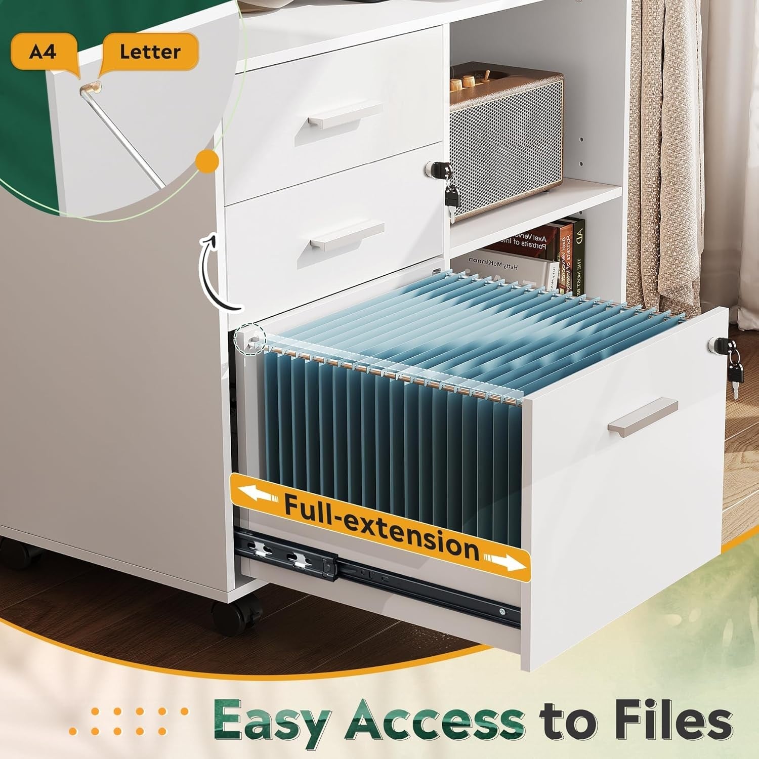 White Mobile File Cabinet 80x40x63cm Lockable Drawers Printer Shelf