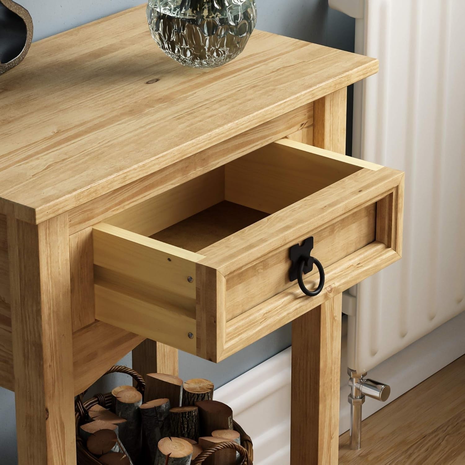 Slim Console Table with Drawer & Shelf, Pine Wood, 70x50x31cm, Rustic Hallway St