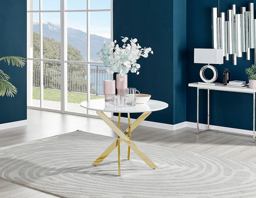 Marble Dining Table 100cm Round Gloss White Top with Black Metal Legs