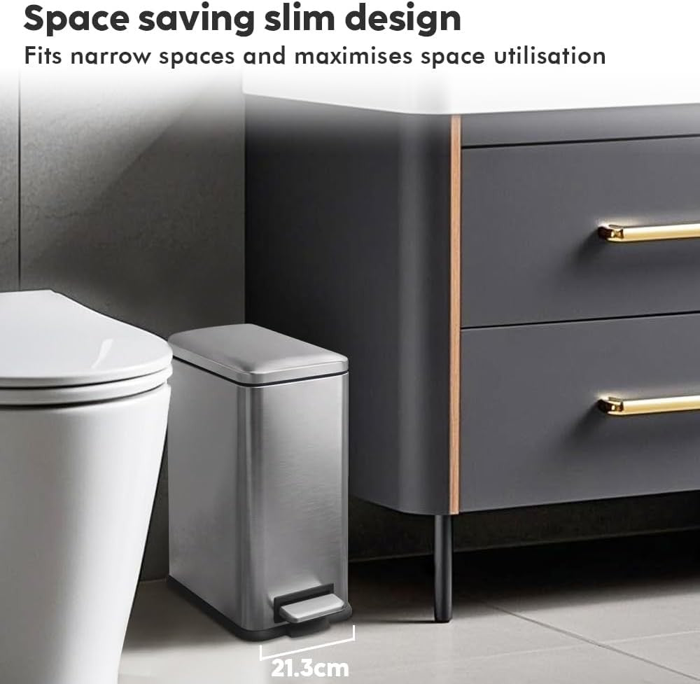 17L Stainless Steel Pedal Bin Slim Bathroom Kitchen Soft Close Grey