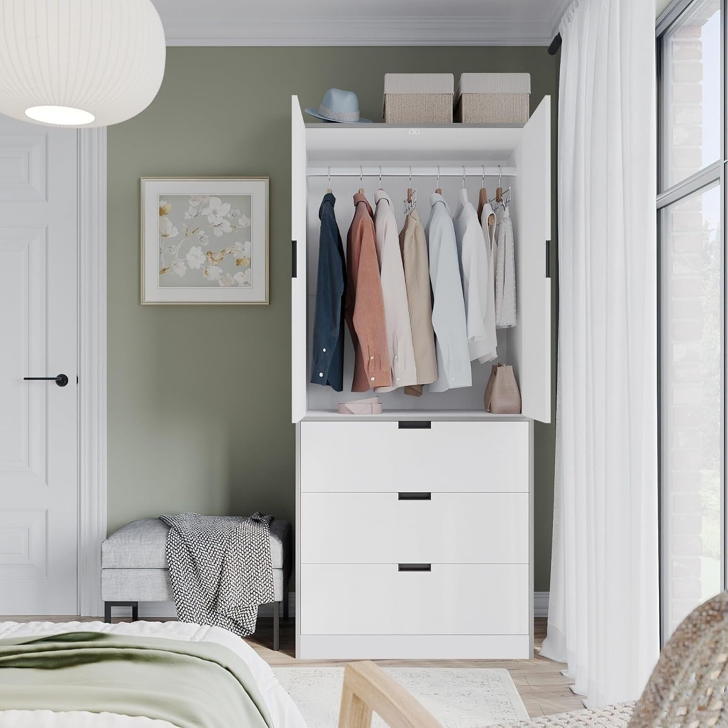 White 2 Door Wardrobe with 3 Drawers & Rail | 180cm Modern Storage