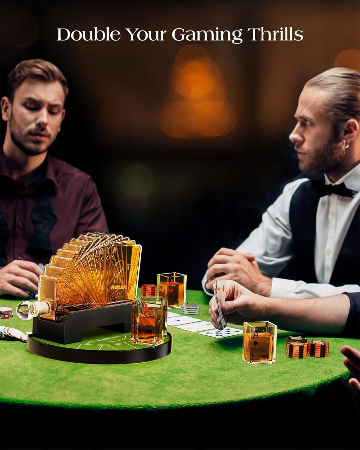Blackjack Whiskey Decanter Set with 4 Glasses & Rotating Casino Display 1100ml