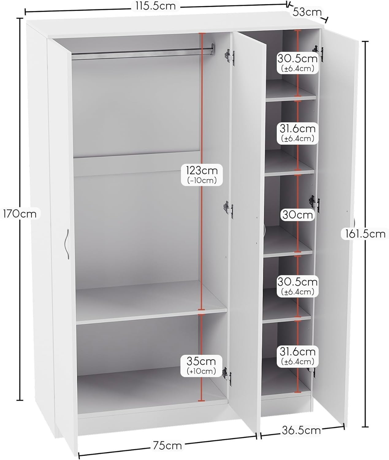 White 3 Door Bedroom Wardrobe with Hanging Rail & Shelf | Spacious Storage