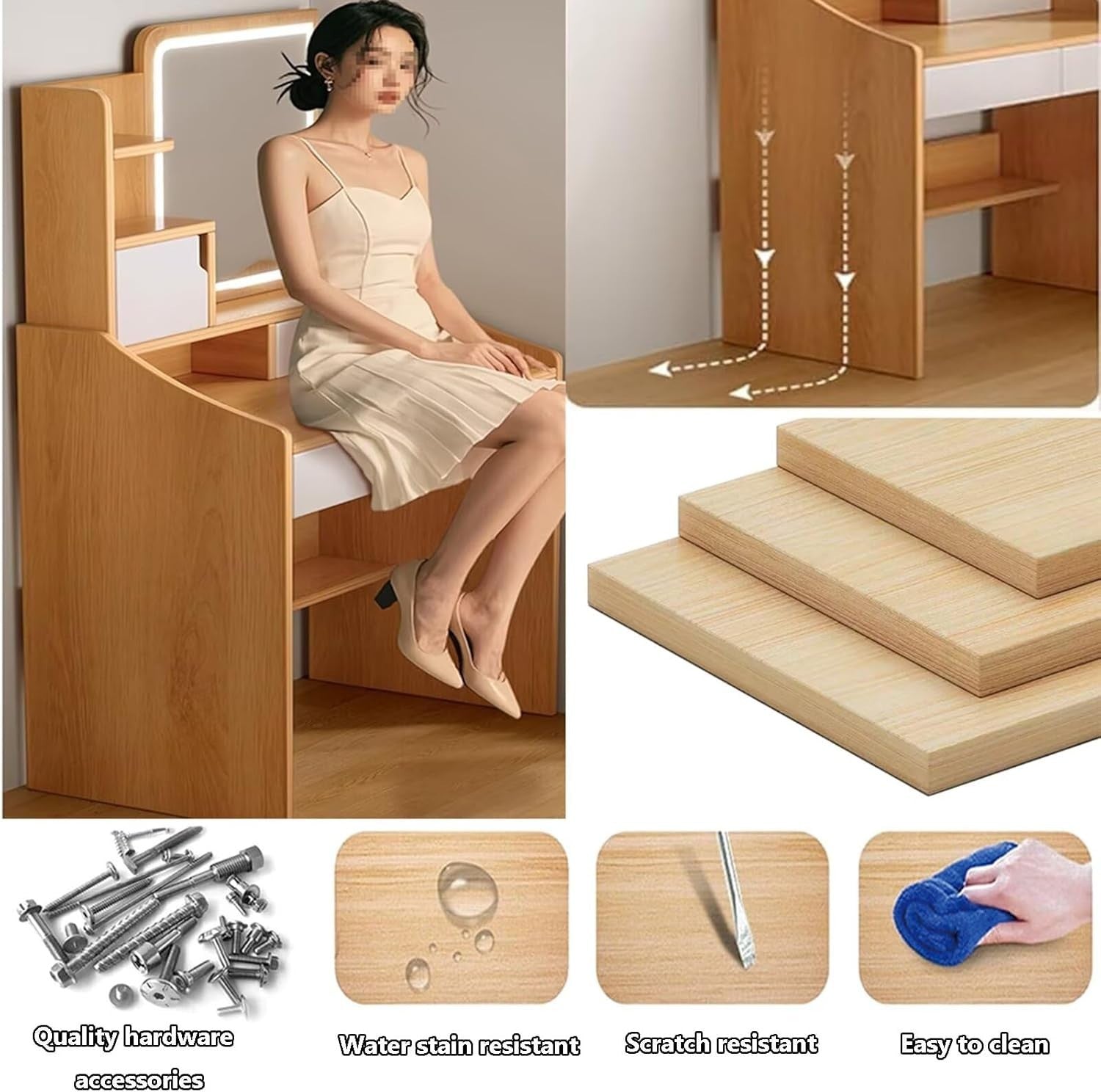 Modern Dressing Table with Mirror & Lights – Makeup Vanity Desk with Drawers – A