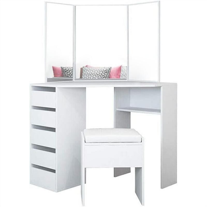 Corner Dressing Table with Mirror Stool Drawers Vanity Desk White MDF
