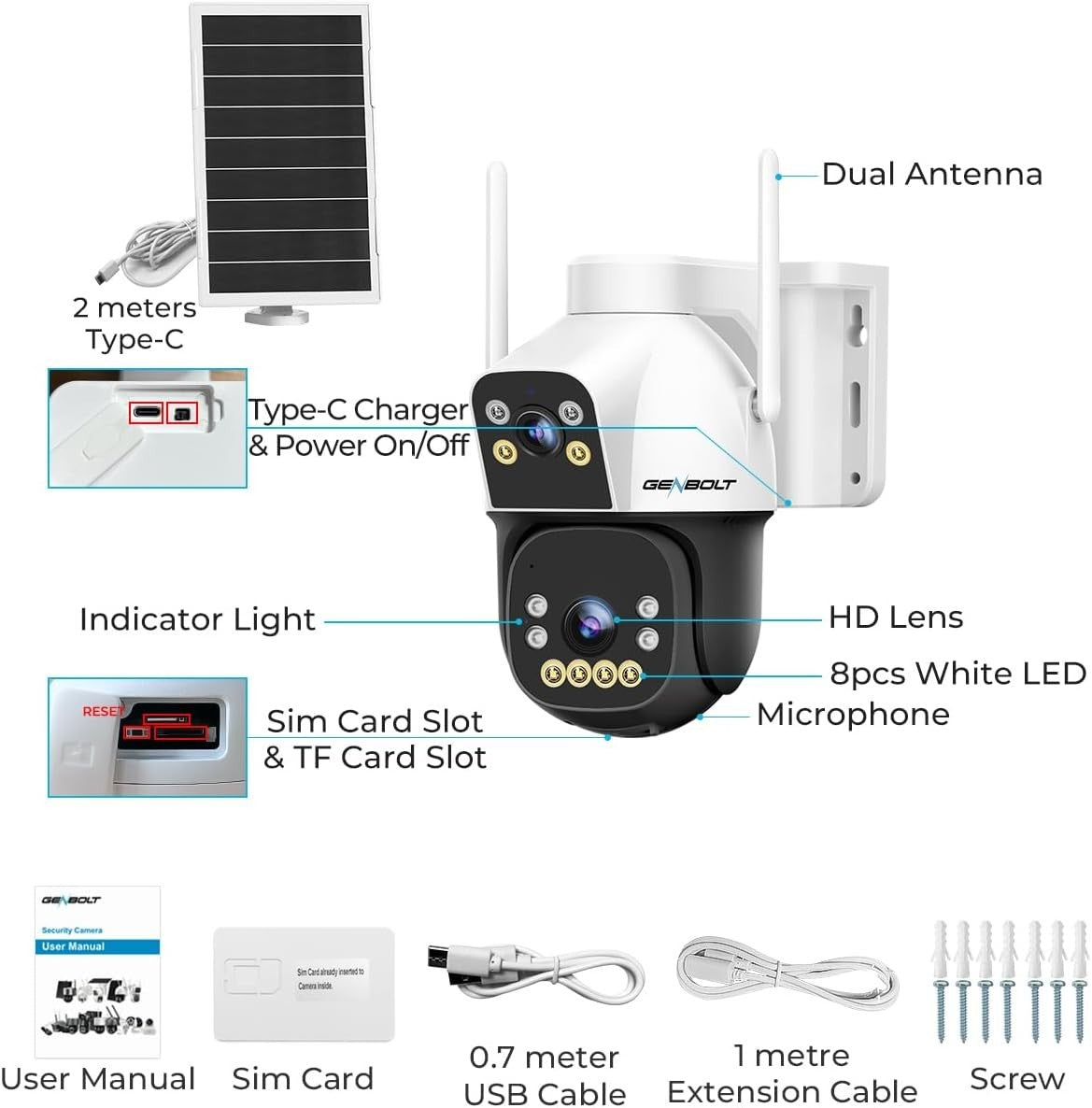 4G LTE Solar Security Camera Outdoor Dual Lens PTZ CCTV No WiFi