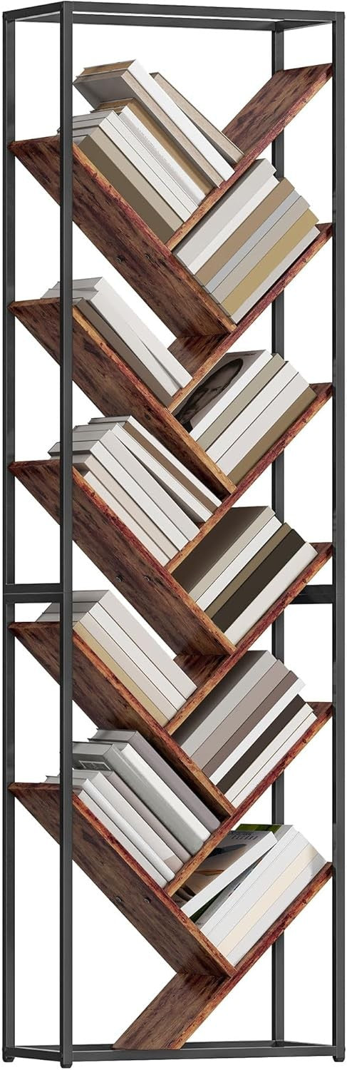 10-Tier Tree Bookshelf Industrial Tall Display Storage Unit for Living Room Offi