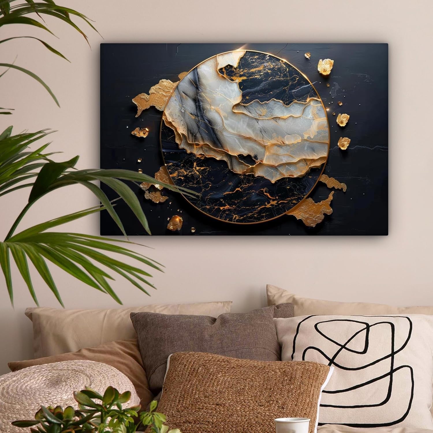 Gold Black Abstract Canvas Wall Art 60x40cm Framed Modern