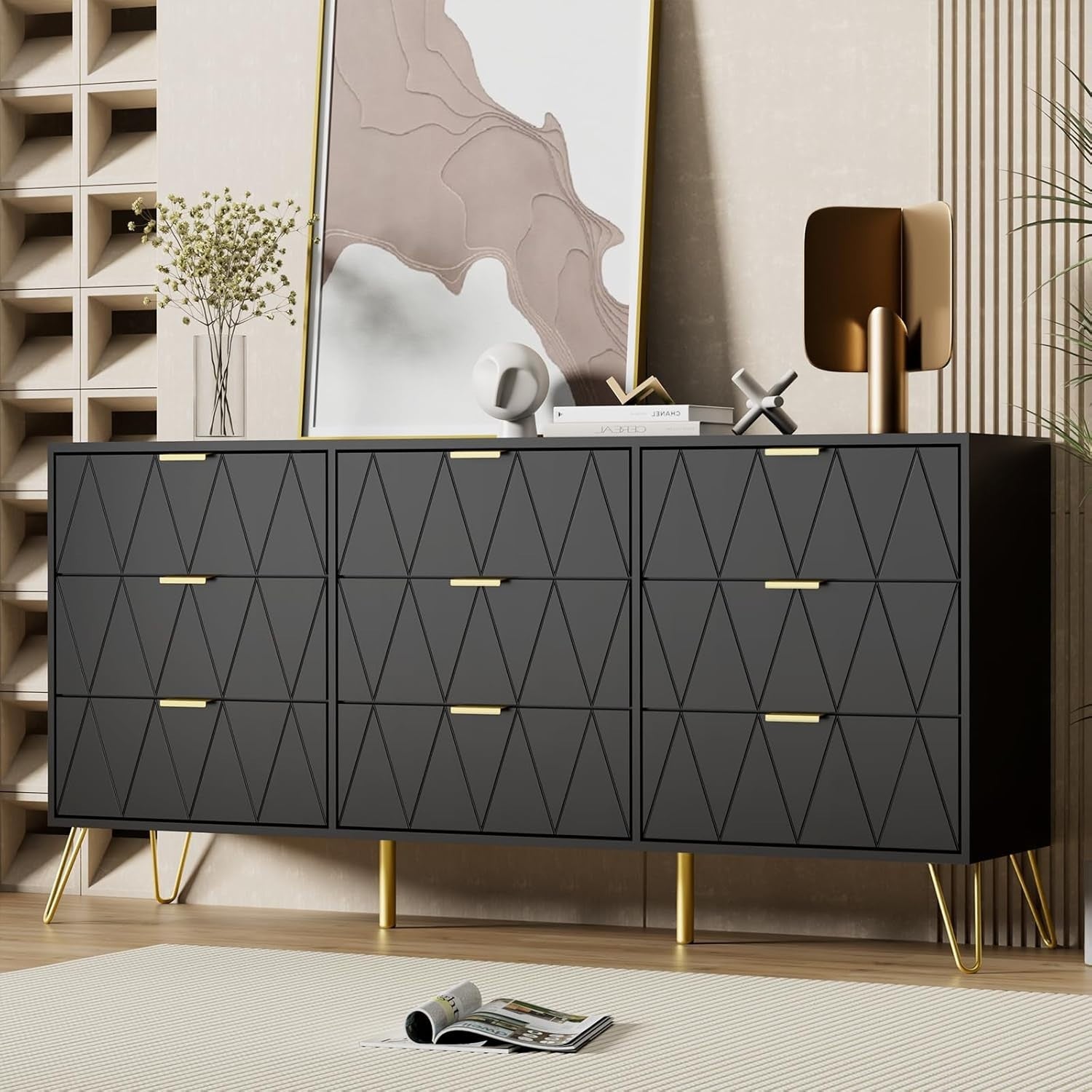 Black 9 Drawer Chest of Drawers Wide Modern Dresser Cabinet for Bedroom