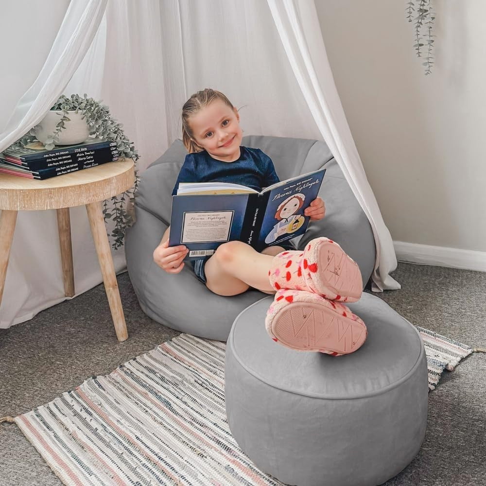 Luxury Kids Velvet Bean Bag Chair with Footstool Soft Plush Playroom Seat