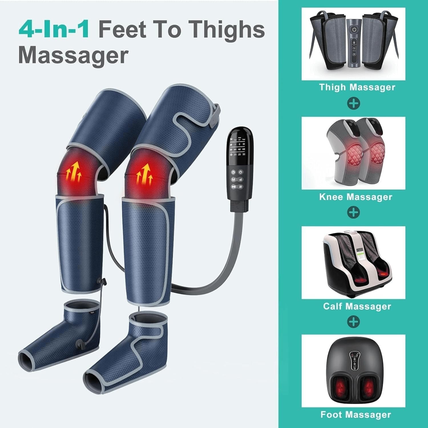 4-in-1 Air Compression Leg Massager with Heat, Knee Calf Thigh Pain Relief