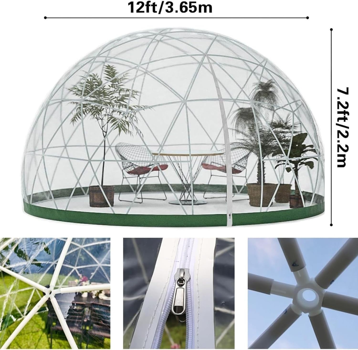 Luxury 12ft Geodesic Dome Greenhouse PVC Transparent 360° Outdoor Garden Pod
