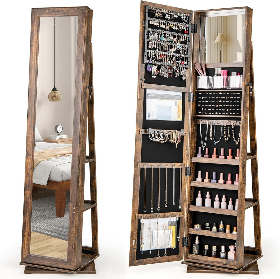 360° Rotating Jewelry Armoire Full Mirror Lockable Rustic Storage