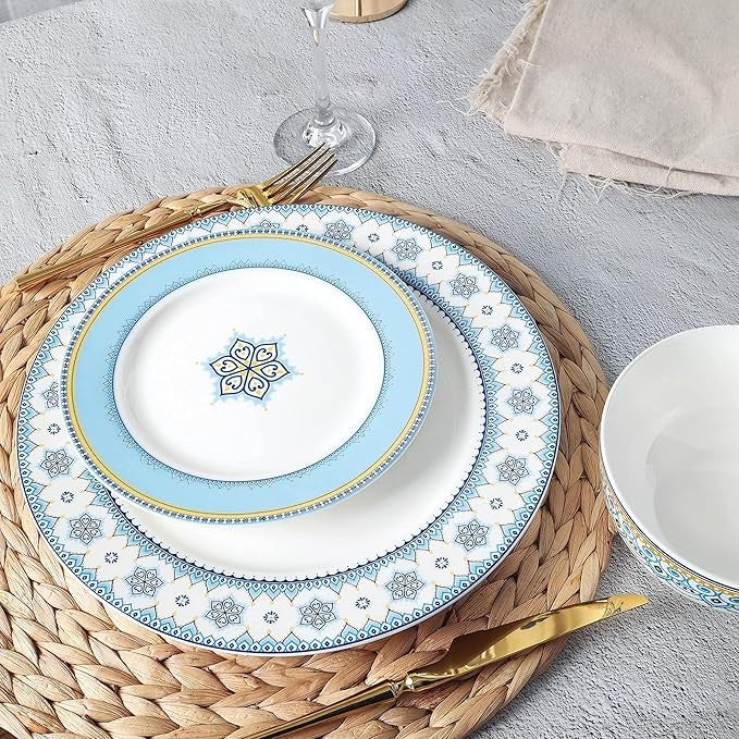 18pc Blue White Porcelain Dinner Set for 6 Plates Bowls Patterned Tableware