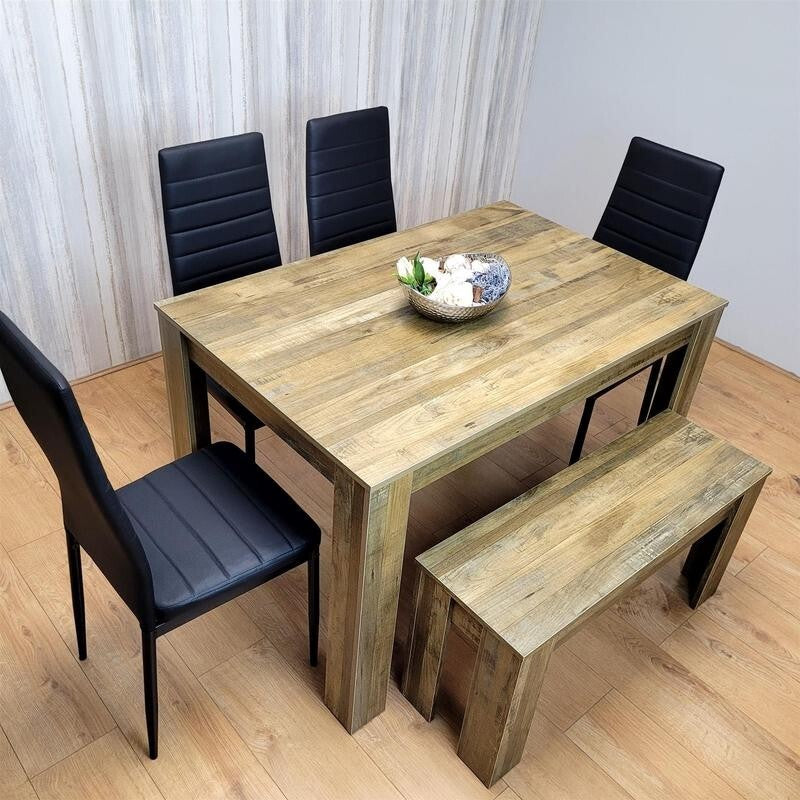 Rustic Dining Table Set with 4 Black Leather Chairs & Bench, 6 Seater