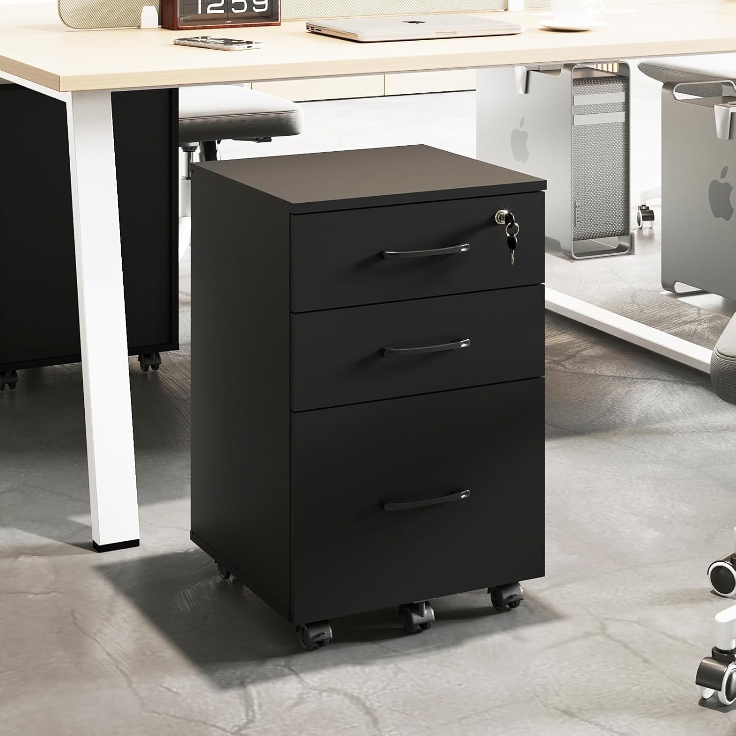 Black Locking Rolling File Cabinet 3 Drawer Under Desk Storage